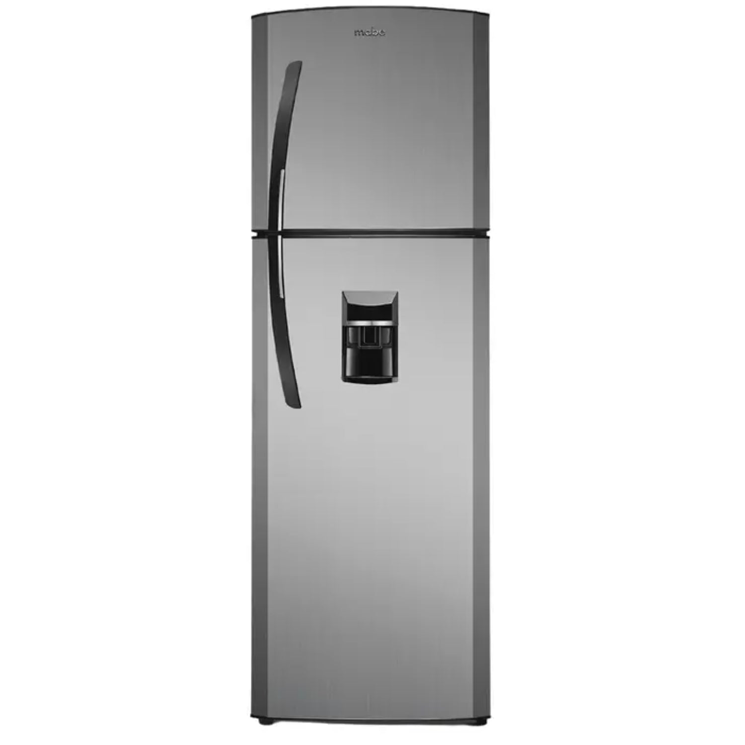 refrigeradora MABE gris frontal, con dispensador de agua, cocina moderna
